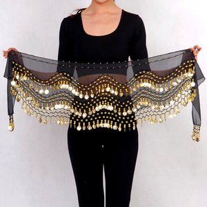 Belly Dance XL Hip Skirt Scarf Wrap Belt Black Gold Coins plus wrist set